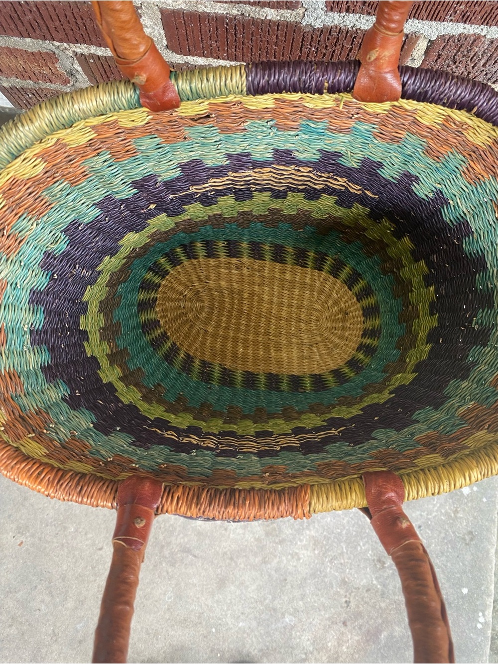 Handmade African Woven Straw Basket with Leather Handles - Blue, Green, Brown - Picture 5 of 5